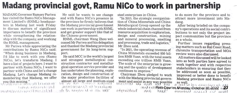 20221010 Post – Madang provincial govt, Ramu NiCo to work in partnership