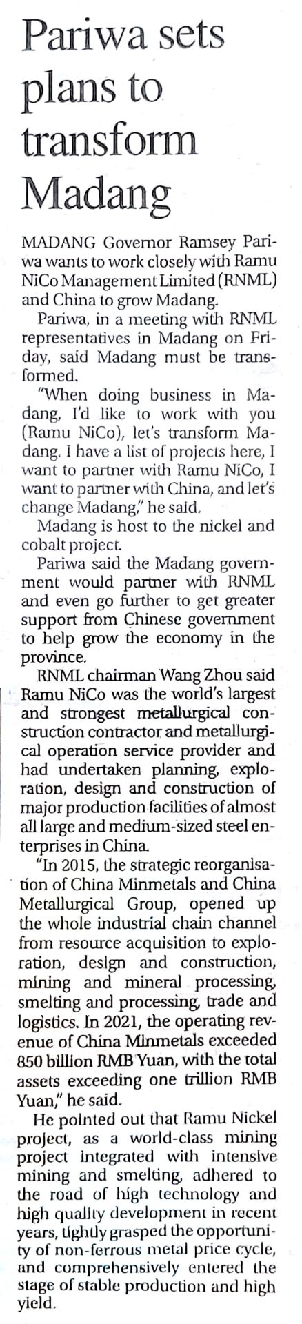 20221011 National – Pariwa sets plans to transform Madang