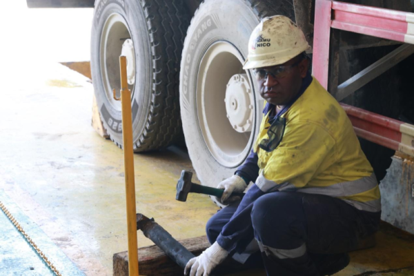 Heavy Equipment Fitter Lapan Pipi at his work station at the Basamuk Mobile Equipment Plant